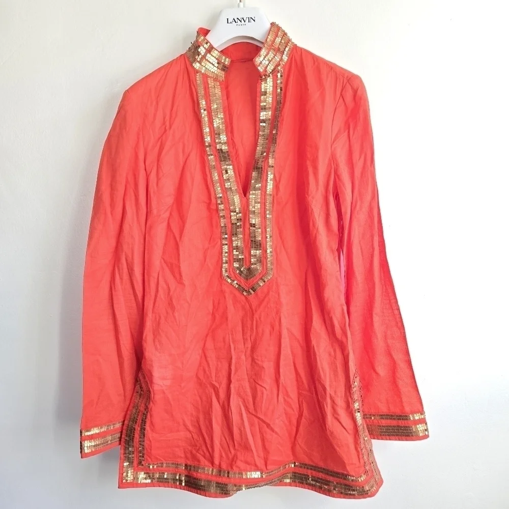 New Tory Burch Gold Embellished Long Sleeve Orange Caftan Tunic Top Size 0